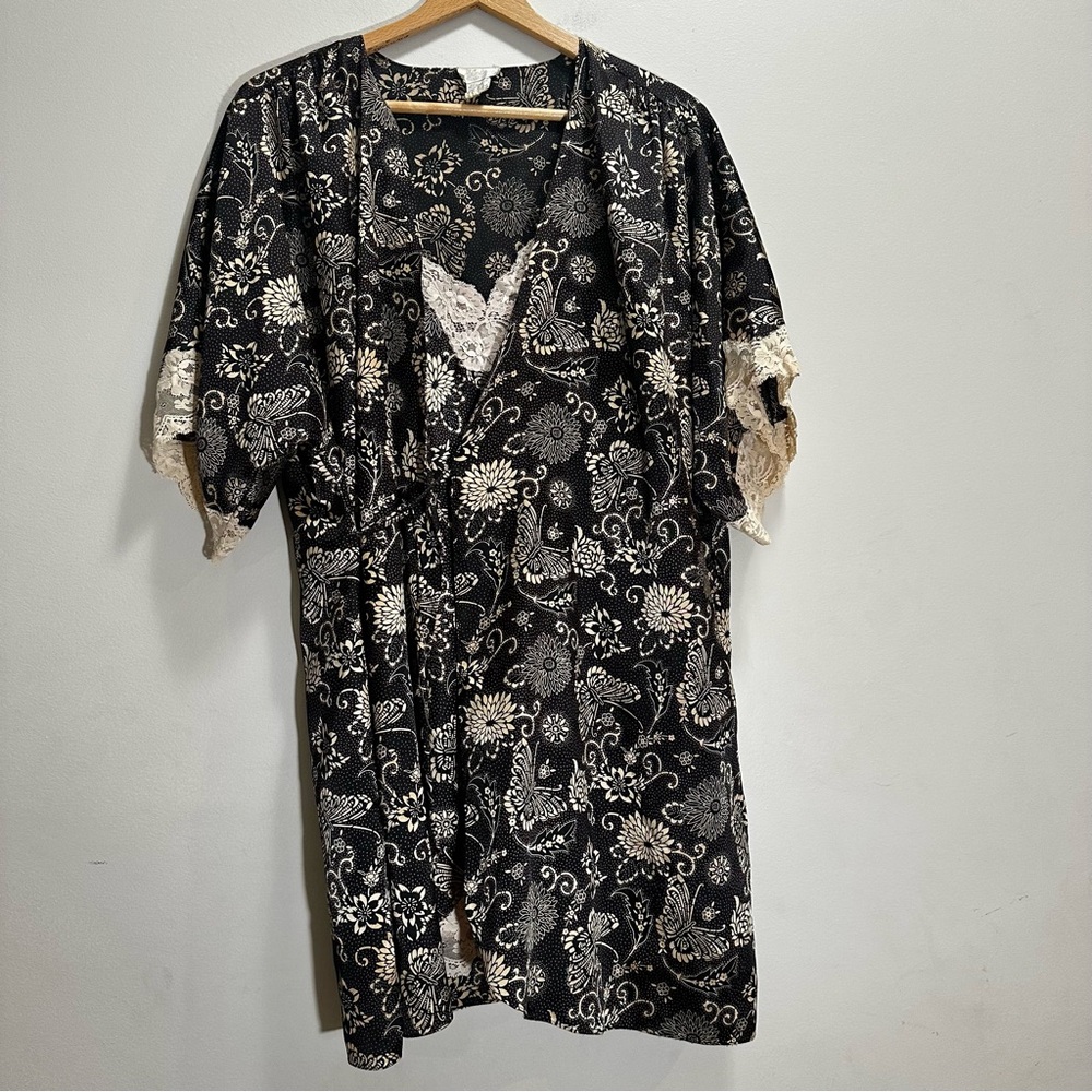 Vintage 90's Black Ivory Fantasies Brand Chemise and Robe Set Nightgown Size M